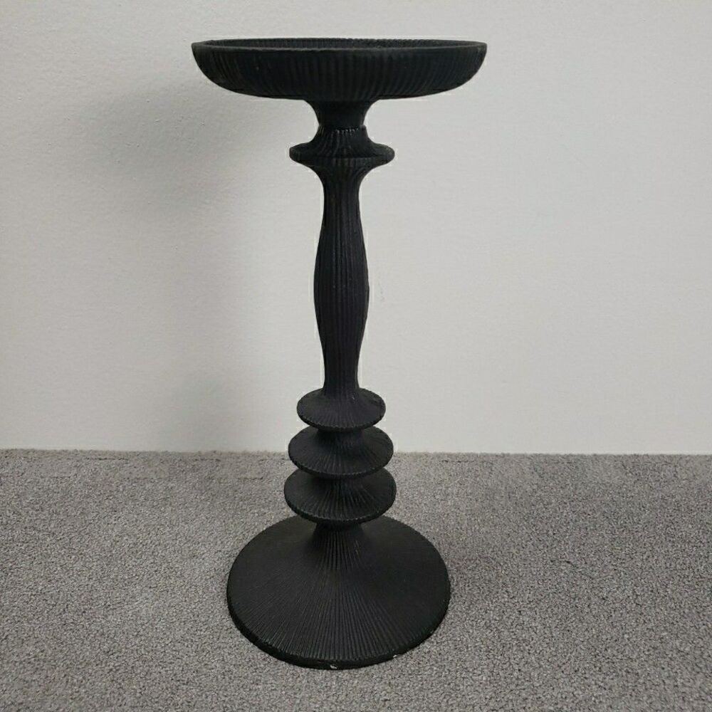 Brutalist Black Pillar Candle Holder Textured 10"